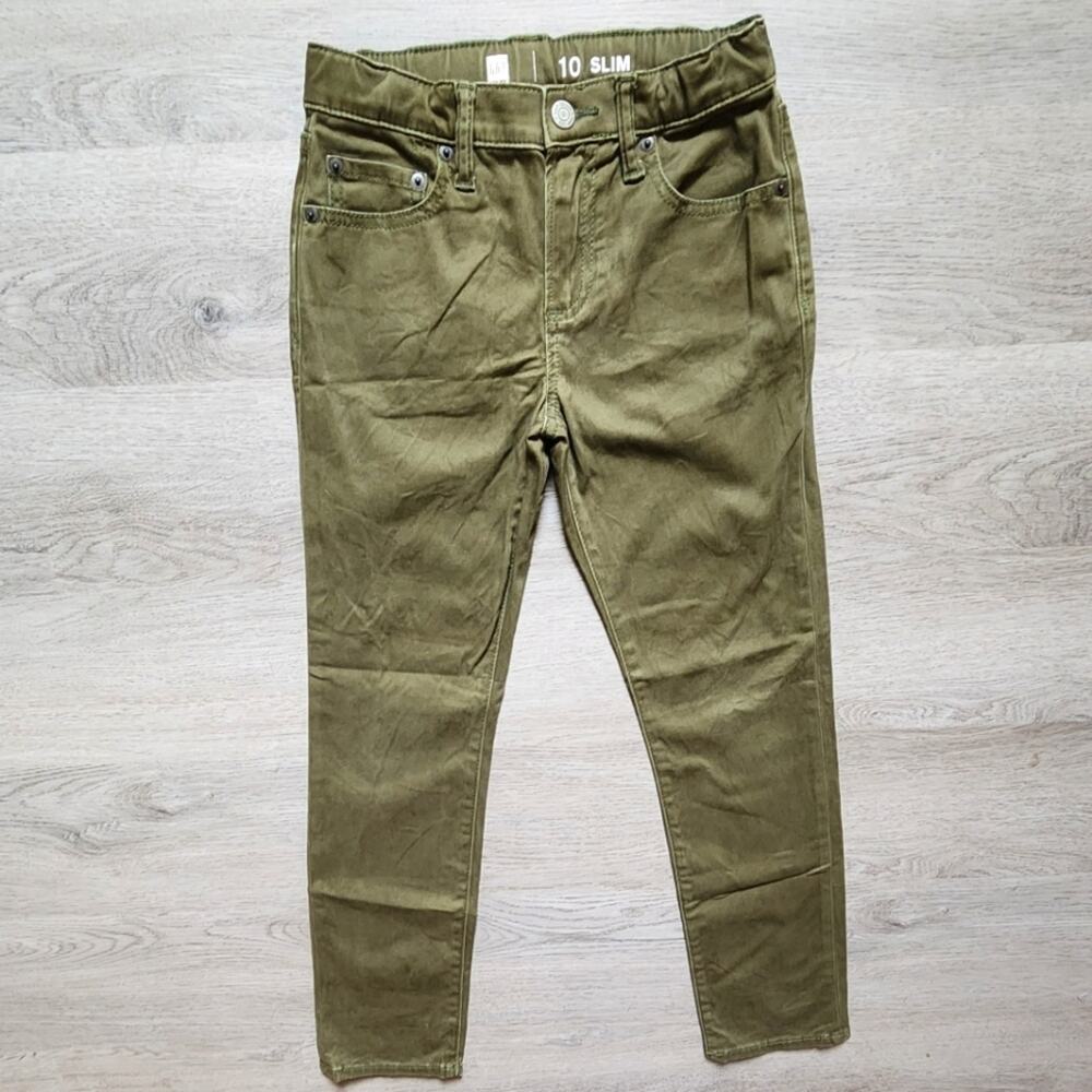 Gap Boy's Slim Denim Solid Green Pull On Pocketed Semi-Formal Pants Size 10